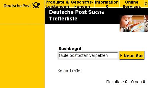 [Screenshot-Ausschnitt der Postbankwebsite: Suche nach faule Postboten verpetzen liefert keine Treffer]