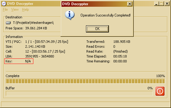Bild: DVD Decrypter meldet erfolgreiche Tonextraktion.