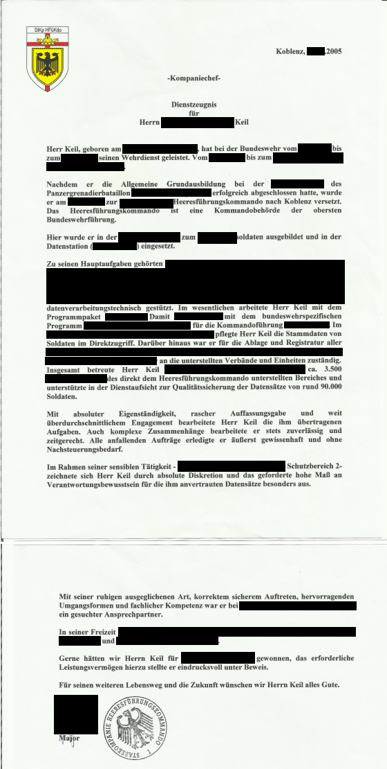 [Foto: Redacted scan of a Bundeswehr letter of recommendation]