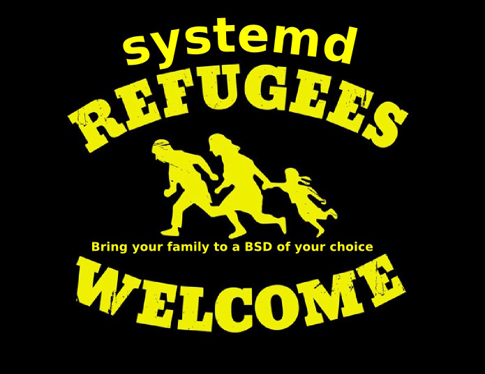 [Montage: systemd text on top of 'Refugees welcome' logo]