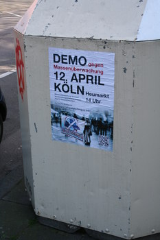 [Foto: Plakat zur Demo gegen Massenüberwachung am 2014-04-12 in Köln]