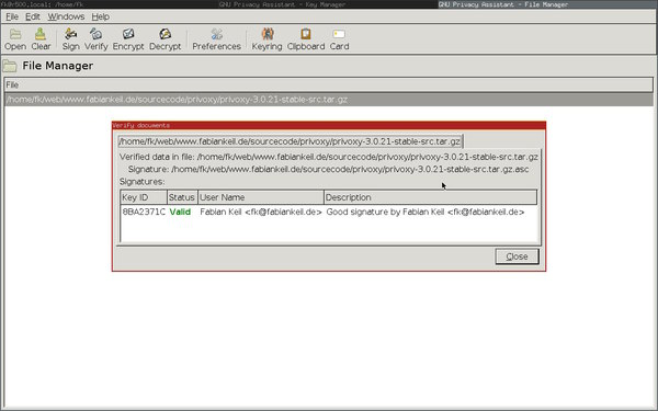 [Screenshot: GNU Privacy Assistant - Signature for Privoxy source tarball verified]