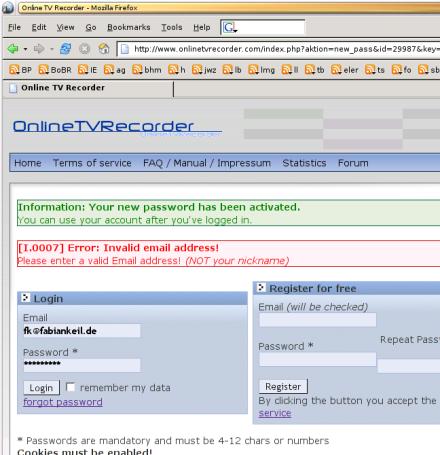[Screenshot: Login nicht mglich, www.onlinetvrecorder.com hlt E-Mail-Adresse fr ungltig]