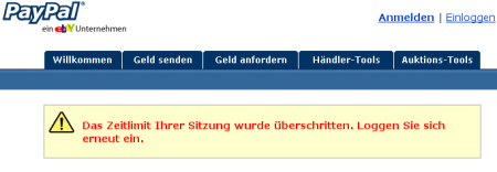 [Screenshot: PayPal berschwert sich ber abgelaufende Session]