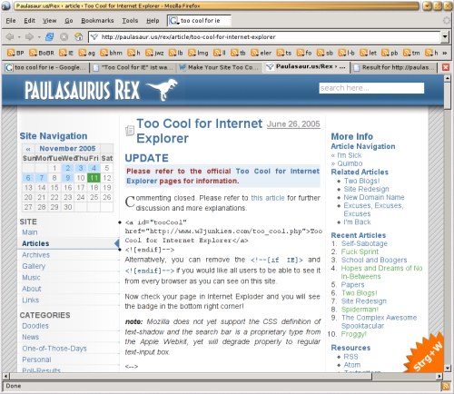 [Screenshot: Ursprungs-Blogeintrag der Too-Cool-for-IE-Aktion in Firefox.
     Privoxy hat das Too-Cool-Logo durch ein Logo mit der Aufschrift 'Strg+W' vertauscht]