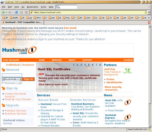 [Screenshot der Hushmail-Website in Firefox. berladenes Layout mit schlechten Kontrasten; gespickt
     mit Schlsselloch-Symbolen. Am Kopf der Seite nervt JavaScript-Gewinsel.]