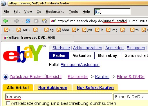 [Ausschnitt der eBay-Website: Gesucht wurde nach 'Kung Fu Staffel'
     die Ergebnisse sind fr 'Freeway']