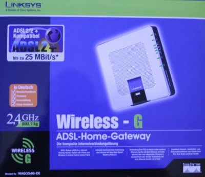 [Foto: Ausschnitt der Verpackung des Linksys WAG354G DE]