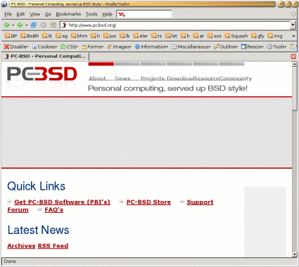 [Screenshot: pcbsd.org in Firefox unter E17. Kein schner Anblick, berwiegend ungenutzte Freiflche]