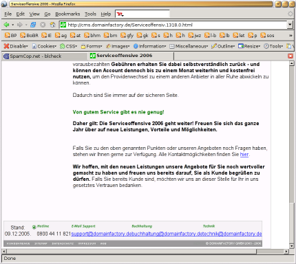 [Foto: Screenshot der Domainfactory-Seite in Firefox nach der Bearbeitung durch Privoxy,
     Links sind blau gekennzeichnet.]