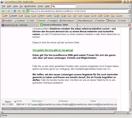 [Foto: Domainfactory-Website in Firefox. Links sind nicht als solche zu erkennen,
     da sie weder blau noch unterstrichen sind.]