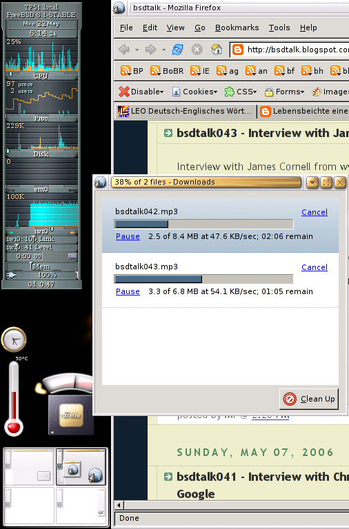 [Screenshot: Firefox ldt zwei Episoden des BSDtalks runter, gkrellm meldet eine ausgelastete Verbindung.]