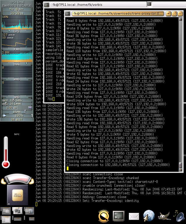 [Screenshot: Halber E17-Desktop, im einem Eterm im Vordergrund wird eine freedb-Abfrage ber Tor abgewickielt]
