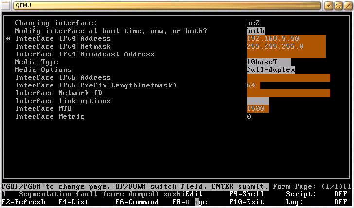 [Screenshot: sushi-Netzwerk-Men nach Core Dump]