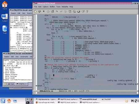 [Screenshot: KDE mit Unix-Theme, zwei Konsolen und Emacs sind geffnet, der graue Hintergund im Emacs-Fenster macht einen groen Teil des Textes unleserlich.]
