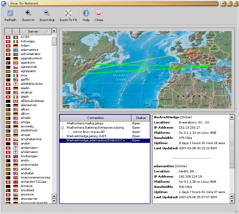 [Vidalia-Screenshot: Tor-Router symbolisiert als rote Punkte auf einer Weltkarte, teilweise verbunden mit grnen Linien.]