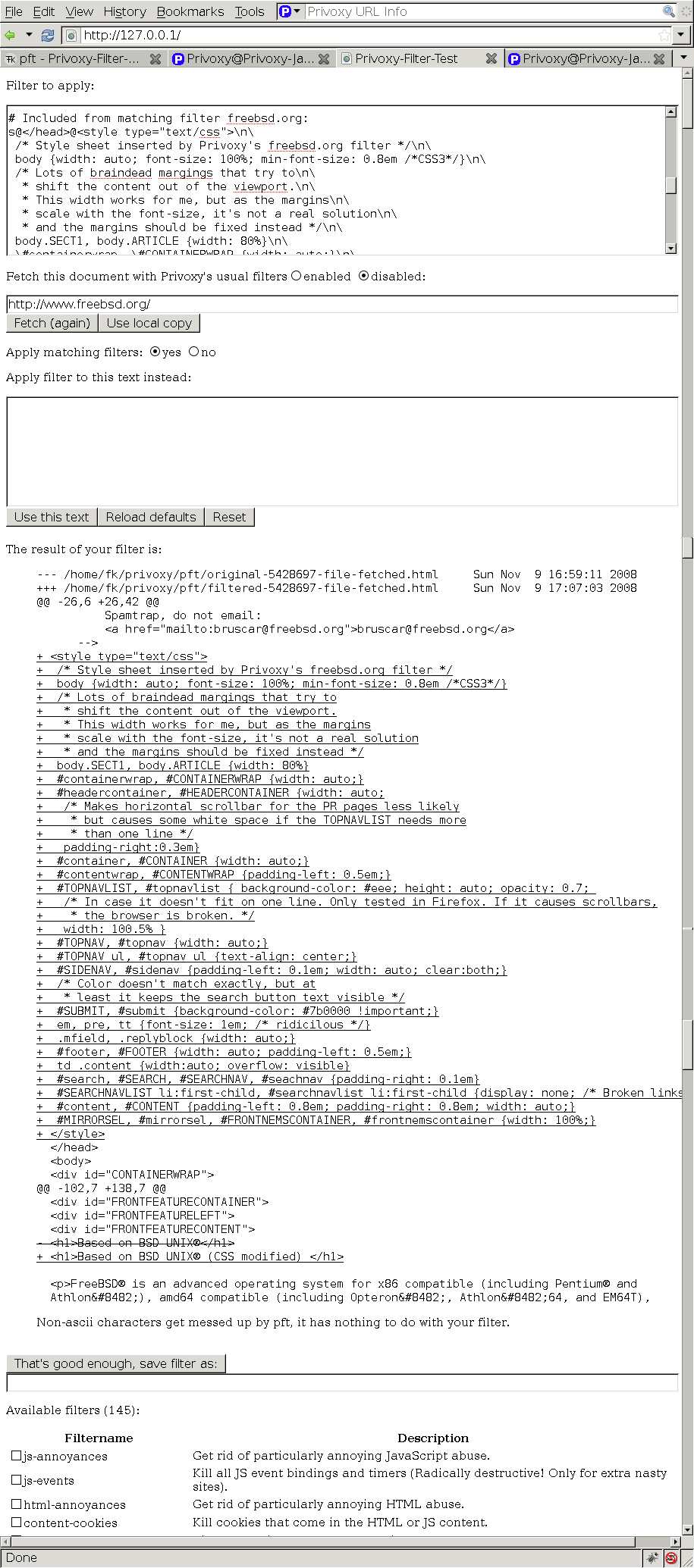 [Screenshot: Privoxy-Filter-Tests's webinterface viewed with Firefox, filtering www.freebsd.org]