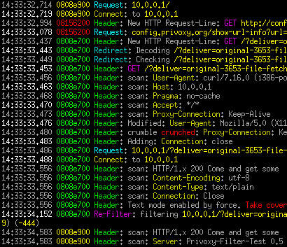 [Screenshot: Highlighted Privoxy log output]