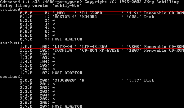 Ausgabe von cdrecord -scanbus auf meinem System (Gekrzt)