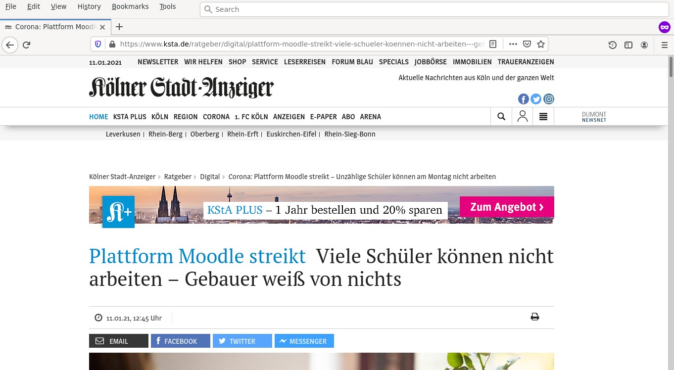 [Screenshot: ksta.de in Firefox: Artikel-Überschrift 'Plattform Moodle Streikt']