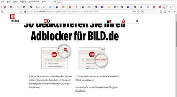 [Screenshot: bild.de-Anleitung zur Adblocker-Deaktivierung in Firefox]