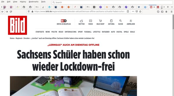 [Screenshot: bild.de-Artikel 'Sachsens Schüler haben schon wieder Lockdown-frei' in Firefox ohne Werbung]