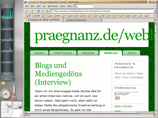 [Screenshot der Website praegnanz.de unter Firefox und Enlightenment 17. Bis auf eine
    nach rechts verschwindende berschrift keine Darstellungsprobleme]