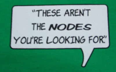 [Foto: Aufdruck auf der Hinterseite des zweiten T-Shirts. Sprechblase: These aren't the nodes you
     are looking for.]