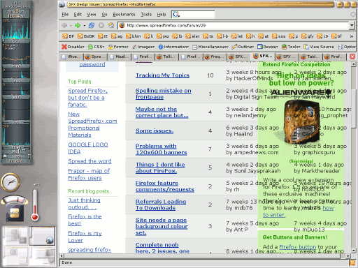 [Screenshot: Spreadfirefox.com in Firefox unter E17. Überlagernde Schriften machen das Forum unlesbar]