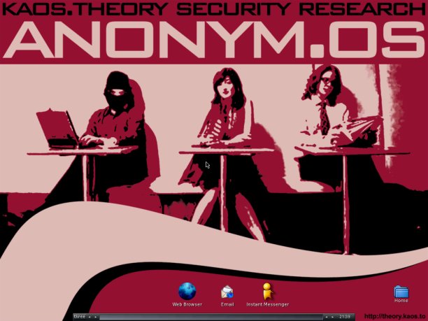 [Screenshot des Anonym.OS-Desktops: Rotes verktorisiertes Hintergrundbild mit drei an getrennten
     Tischen sitzenden Personen, eine maskierte hat einen Laptop vor sich.]