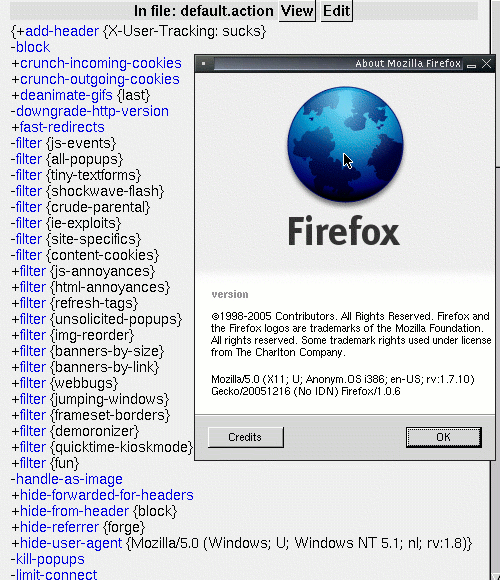 [Anonym.OS-Screenshot: Firefox-Info und Privoxy-Konfiguration]