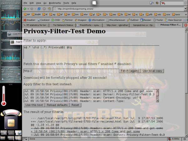 [Screenshot: Privoxy-Filter-Test in Firefox aufgerufen als 'Tor Hidden Service']
