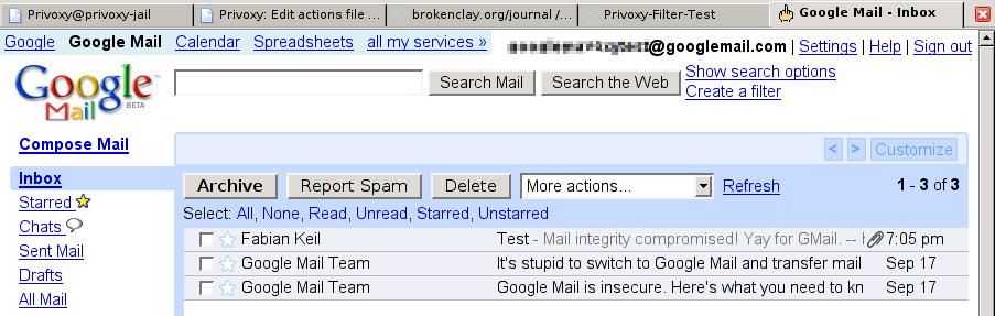 [Screenshot-Ausschnitt: Übersicht der empfangen Mails. Angezeigte Mailinhalte wurde während des Transfers verändert.]