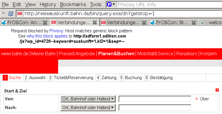 [Screenshot: Bahn-Reiseauskunft in Firefox. Am oberen Rand wurde ein iframe-Anzeige von Privoxy geblockt und der Grund 'Host matches generic block pattern.' angegeben.]