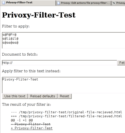 [Screenshot: pft's webinterface viewed with Firefox, filtering supplied text]