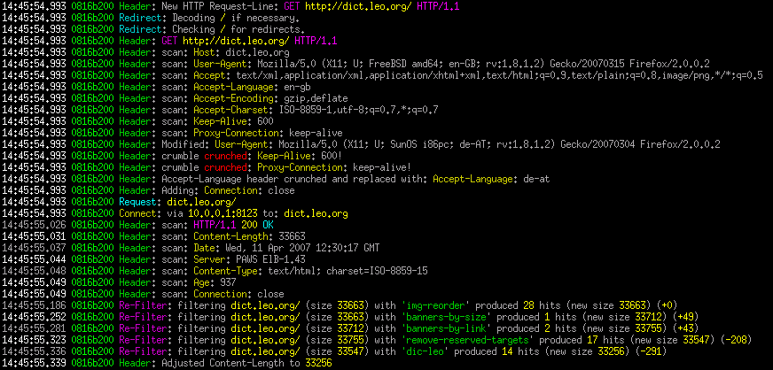 [Screenshot: Highlighted Privoxy log output]